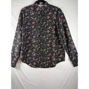 Hill House Home Black Wildflower Floral Button Down Shirt XS Long Sleeve Crepe